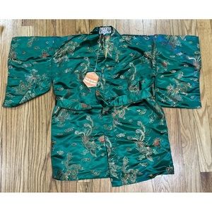 DUNHUANG CHINESE Embroidered Kimono Green Robe Dress RARE vintage sz 6 peacock